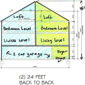 Section shows how two dwellings fit in a single building footprint; garages are on the grade level beneath the living and bedroom levels.